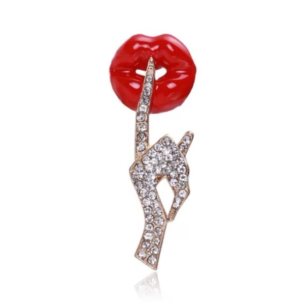 Rhinestone Hand Enamel Lip Brooches Women Sexy Secret Pose Casual Brooch.